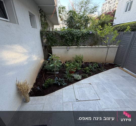 הקמת גינה קטנה בחצר בית פרטי עם ערוגת צמחייה ומערכת השקיה